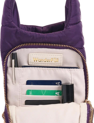 Deep Amethyst purple quilted HydroBag open interior showing card slots, pen holder, and gold zipper trim.
