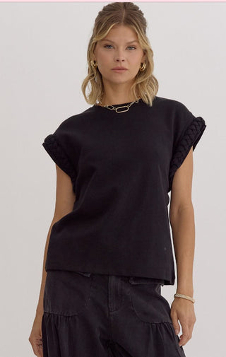 Round neck cap sleeve top featuring braided detail at cuff