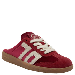 Red suede mule sneaker with cream stripe detailing, lace-up front, gum rubber sole, and Back 70 branding.