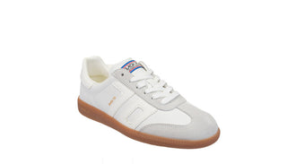 White and gray suede low-top sneaker with gum rubber sole, side stripes, and retro logo tongue label.