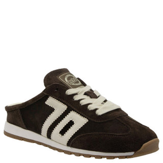 Brown suede slip-on sneaker mule with white lace details and retro "70" logo stripe accent.