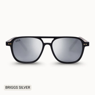 DAX Briggs Silver women's polarized aviator sunglasses with black frame, silver mirrored lenses, and gold accent rivets.