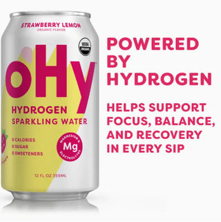 Silver and yellow can of oHy Strawberry Lemon Organic Hydrogen Sparkling Water with magnesium electrolytes, zero calories.
