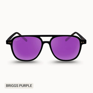 DAX Briggs women's polarized aviator sunglasses with matte black frame and vibrant purple mirrored lenses.