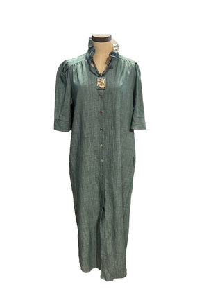 Sage green midi shirt dress with ruffle collar, puff sleeves, button front, and elbow-length sleeves on mannequin.