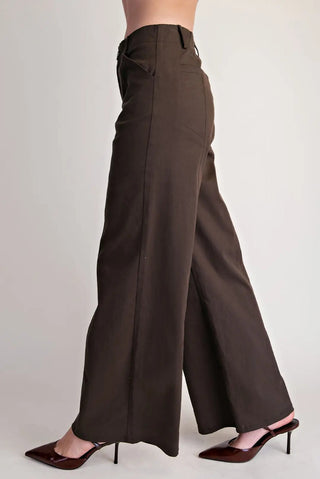 Dark brown wide-leg trousers with seam stitching detail, high waist, shown with burgundy heels, side view.
