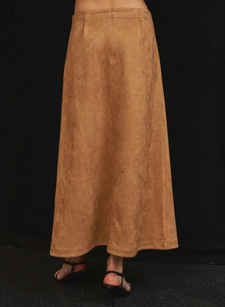 Camel tan vegan suede maxi skirt with A-line silhouette, back zipper closure, and seam detailing.