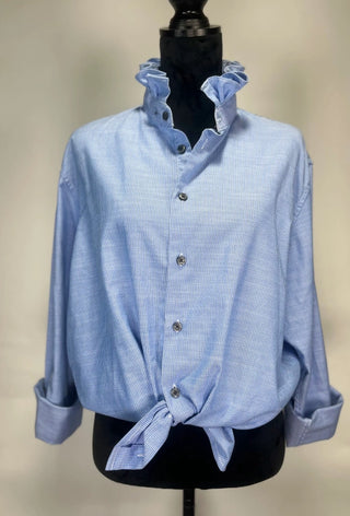 Light blue pinstripe button-down shirt with ruffled collar and front tie hem on mannequin.
