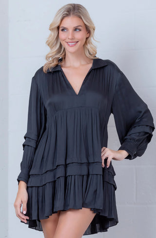 Satin long sleeve v neck collar babydoll