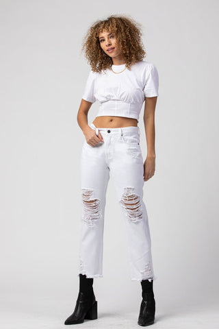 White High Rise Distressed Boyfriend Jeans