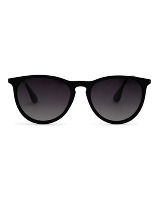 Black polarized round horn-rimmed sunglasses with gradient smoke lenses and matte black frame.