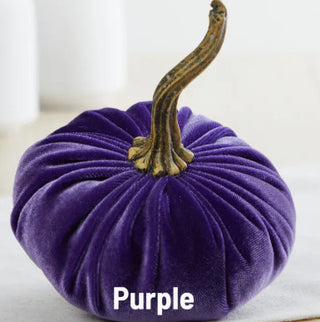 Small purple velvet pumpkin with realistic brown twisted stem, decorative fall accent piece.