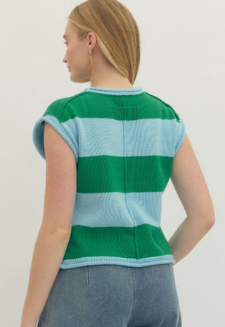Striped cap sleeve top featuring contrast trim detail