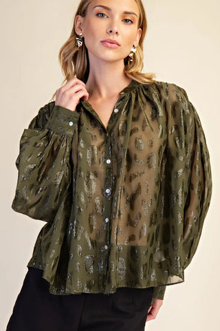 Olive green sheer leopard jacquard blouse with voluminous sleeves, button-front closure, and gold metallic print.