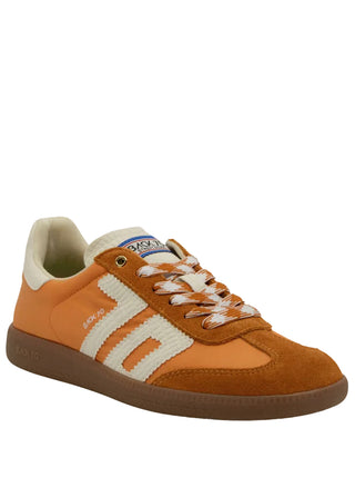 Back 70 Ghost low-top sneaker in orange suede and nylon with cream corduroy stripes and gum sole.