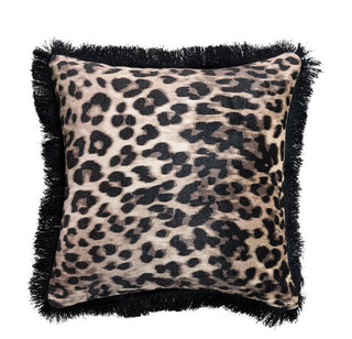 Cotton Velvet Printed Pillow w/ Leopard Print & Fringe