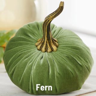Large fern green velvet pumpkin with textured fabric ridges and a natural dried twisted stem.