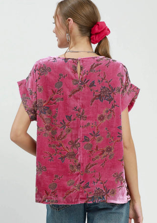 Pink floral velvet boxy top with short sleeves and keyhole back closure, shown from behind.