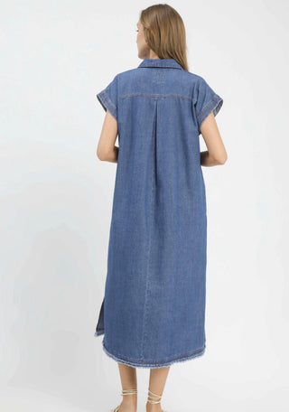 Stone washed blue denim midi dress with short sleeves, collar, back pleat, and frayed hem detail.