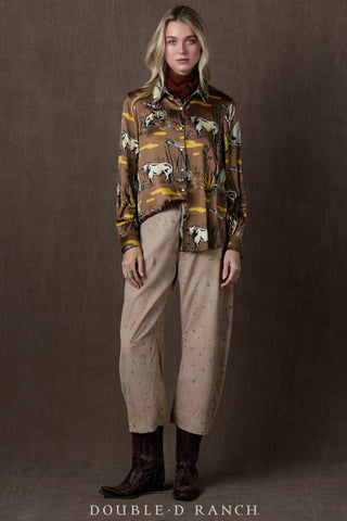 Brown satin blouse with Western cattle and oil derrick print, long sleeves, button-front styling.