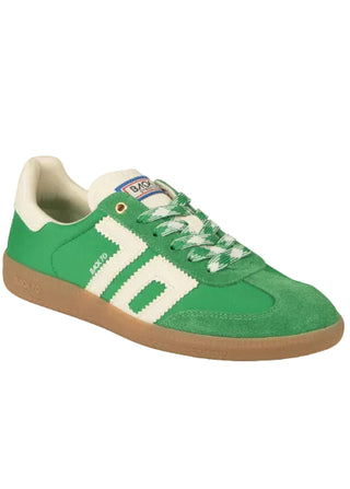 Green and cream low-top sneaker with suede toe, retro side stripes, gum sole, and Back 70 branding.