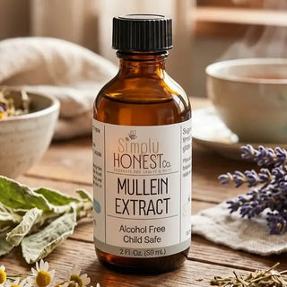 Amber glass bottle of Simply Honest Co. Mullein Extract, alcohol-free, child-safe, surrounded by dried herbs and lavender.
