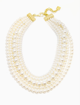 Five-strand white pearl necklace with graduated pearl sizes and gold-tone lobster clasp closure.