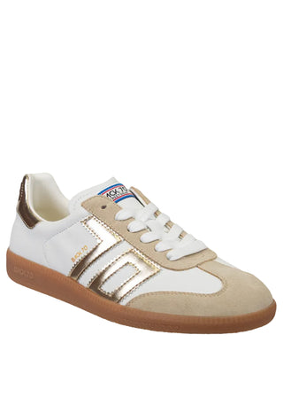 Back 70 Cloud sneaker in white leather and beige suede with gold metallic stripe accents and gum sole.