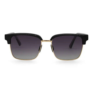 Black and gold square polarized sunglasses with thick black top frame and gradient gray lenses.