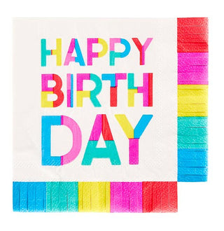 Colorful "Happy Birthday" beverage napkin with multicolor fringe edges in red, pink, yellow, teal, and blue.