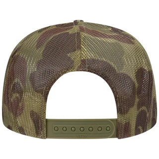 Camouflage trucker hat back view with olive green snapback closure and mesh panel design.