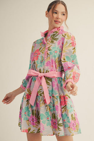 3/4 sleeves tiered floral dress with waist tie