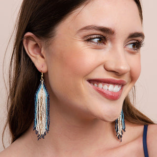 Ivory Navy Blue Ombre Gold Fringe Earrings