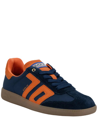 Navy and orange low-top sneaker with suede toe, gum sole, chevron side stripe, and Back 70 branding.
