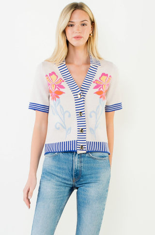 Knitted Floral Stripe Trim Button Top