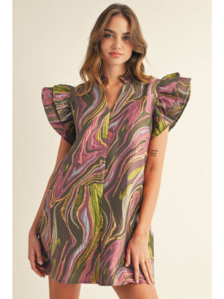 Short ruffled sleeve mini dress in multicolor abstract marble print with purple, green, and gold tones.