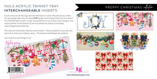 Set of five preppy Christmas acrylic trinket tray inserts featuring Joy lettering, ornaments, garland, nutcrackers, tigers, a