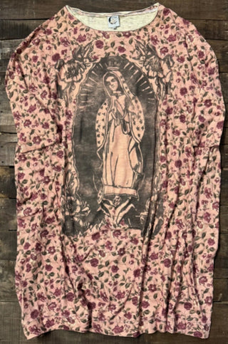 Pink floral long-sleeve tunic featuring a large Our Lady of Guadalupe graphic print on front.