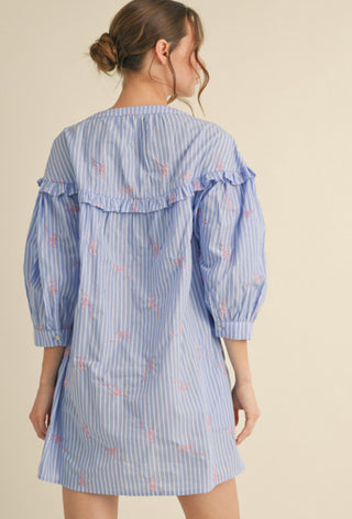 Blue and white striped mini dress with pink ribbon embroidery, ruffle yoke, and puffed three-quarter sleeves.