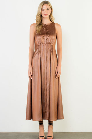 Pleated sleeveless maxi dress in shiny bronze satin with fitted bodice and flared skirt.
