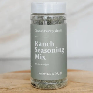 Clear jar of Clean Monday Meals Ranch Seasoning Mix with sage green label, gluten-free and dairy-free, 6.6 oz.