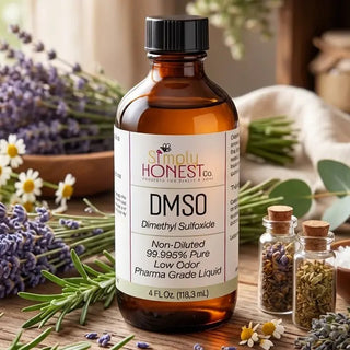 Amber glass bottle of DMSO Dimethyl Sulfoxide 99.995% pure pharma grade liquid surrounded by lavender and herbs.