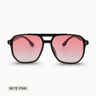 Oversized aviator sunglasses with black frames and gradient pink-to-clear lenses, double bridge detail.