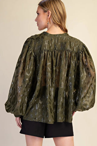 Olive green leopard jacquard blouse with voluminous balloon sleeves and metallic shimmer detailing, back view.