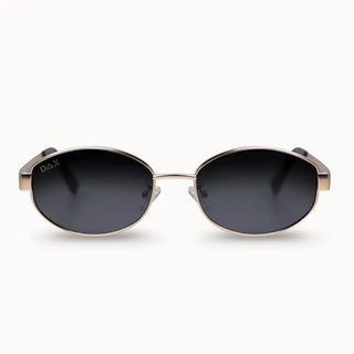 Mia oval sunglasses with gold metal frames and dark black tinted lenses by DAX brand.