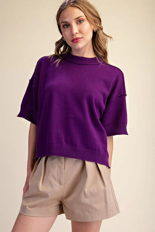 Purple relaxed cropped crew-neck sweater with elbow-length sleeves and ribbed trim detailing.