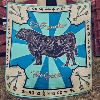 Teal and cream silk scarf featuring a black Angus bull, "El Rancho Toro Grande" text, and Western brand iron border details.