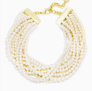 Ten-strand twisted white pearl collar necklace with gold-tone bar clasp and extender chain.
