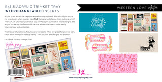 Five interchangeable western-themed acrylic trinket tray inserts featuring cowgirl, pink boots, matchbook collage, and lucky 