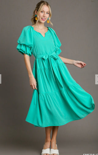 Split Neck Tiered Maxi Dress with Puff Sleeve
